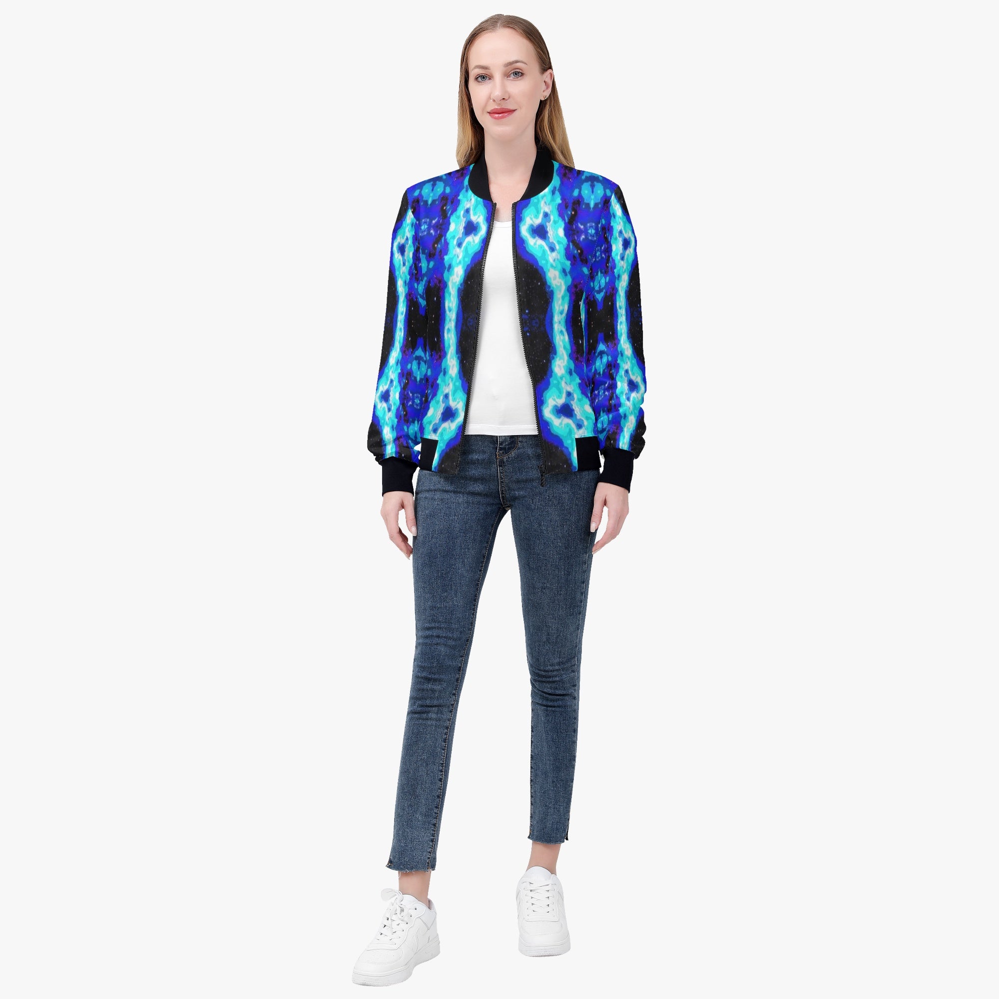 228. Women's Bomber Jacket Blue neon night waves