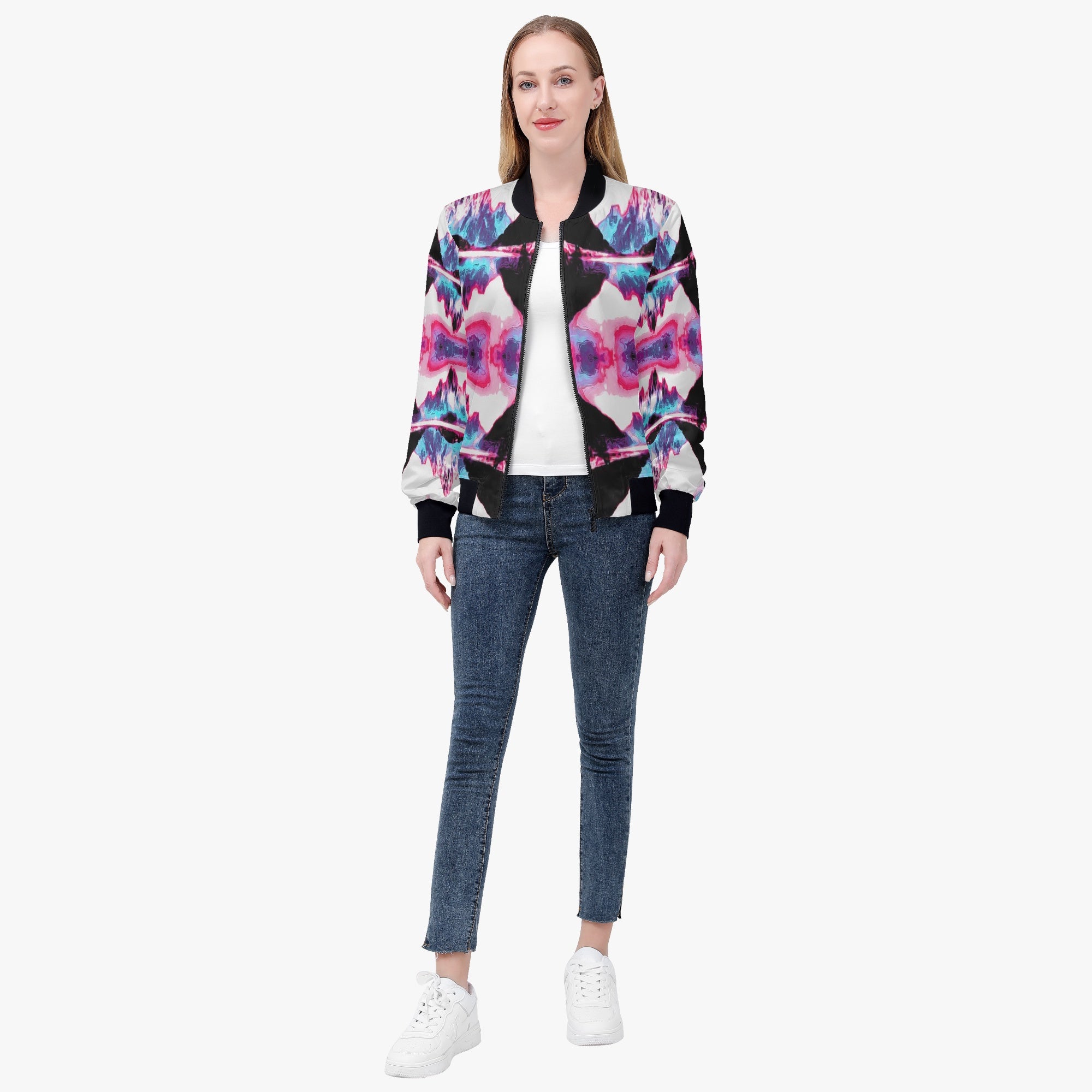 228. Women's Bomber Jacket Pink and black diamond wave