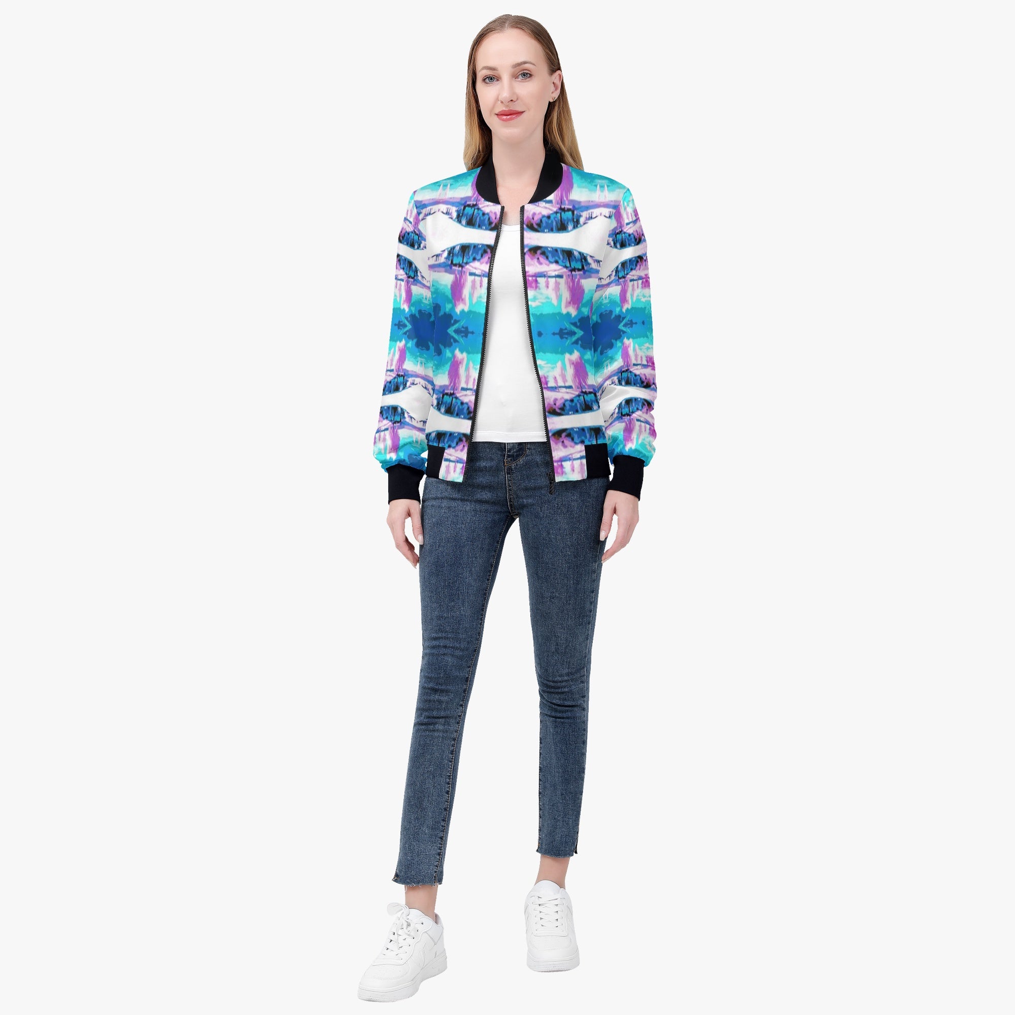 228. Women's Bomber Jacket Tie dye pink stitch wave