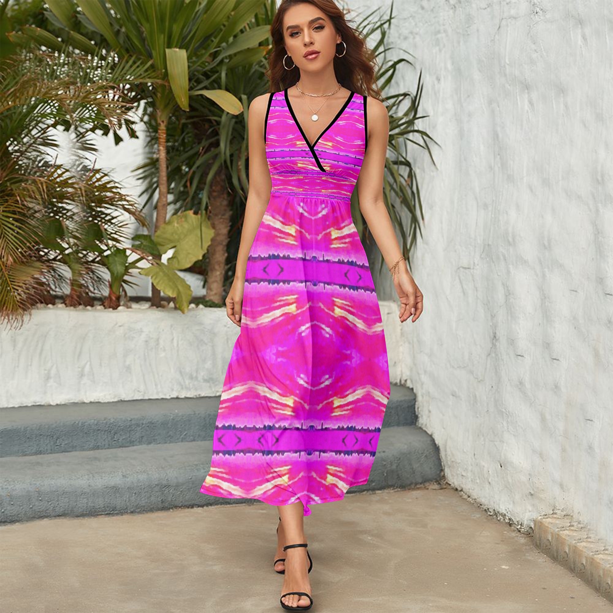 1278. V-neck Sleeveless Dress Pink stitch effect