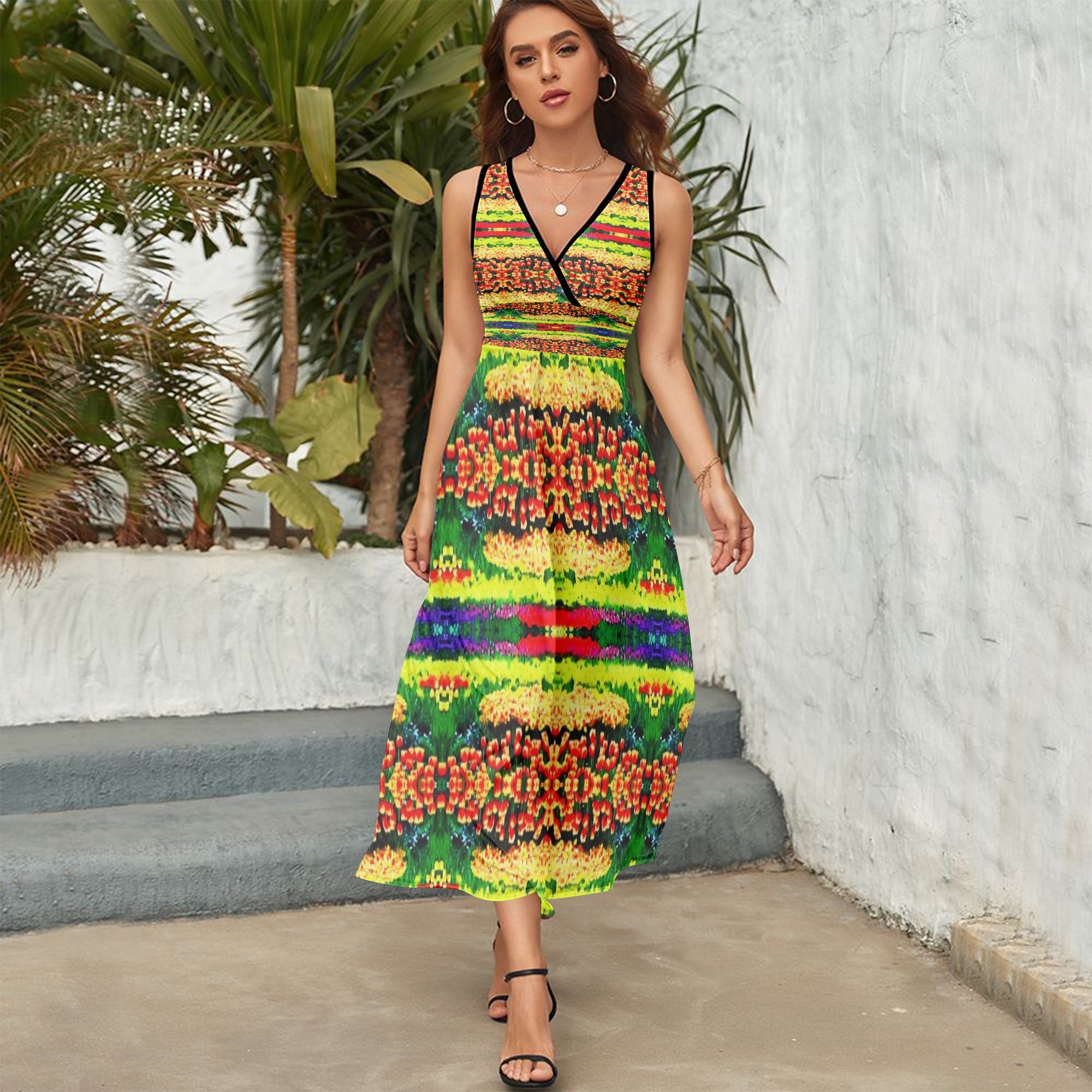 1278. V-neck Sleeveless Dress Rainbow roses effect