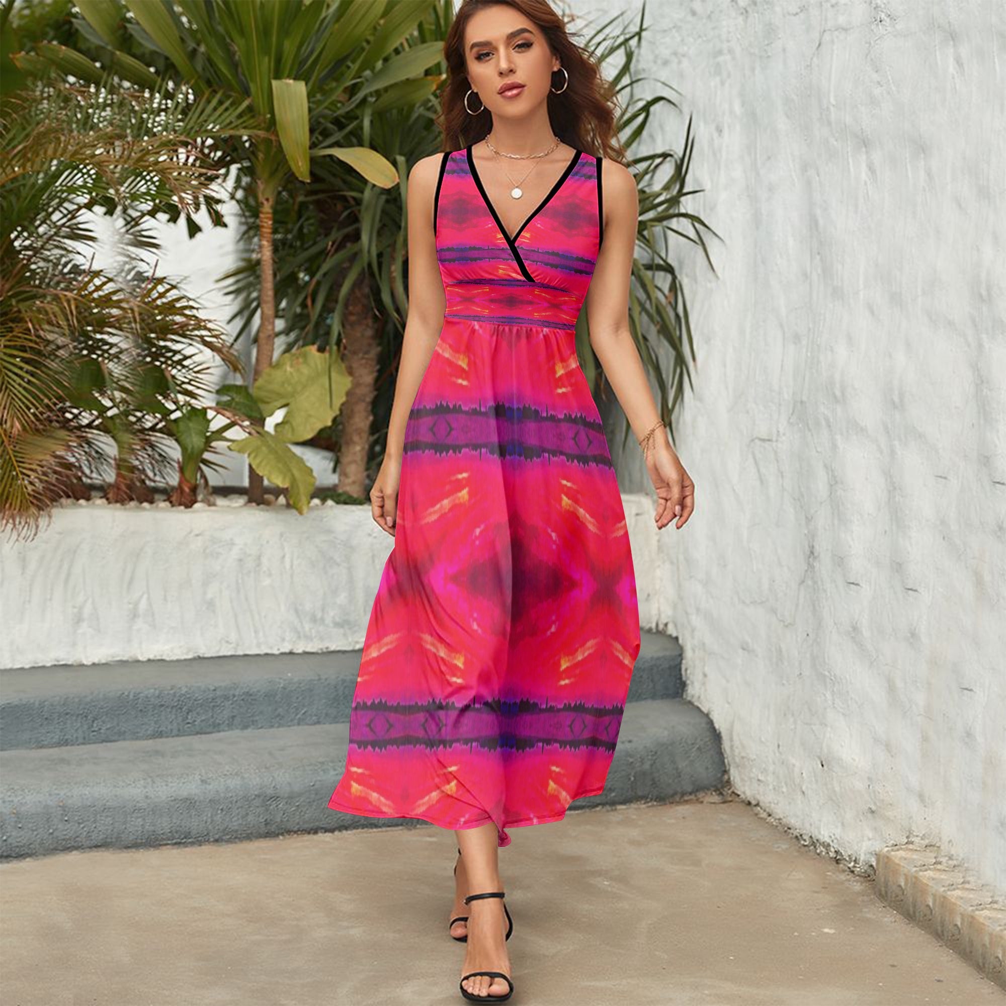 1278. V-neck Sleeveless Dress Red sunset stitch effect
