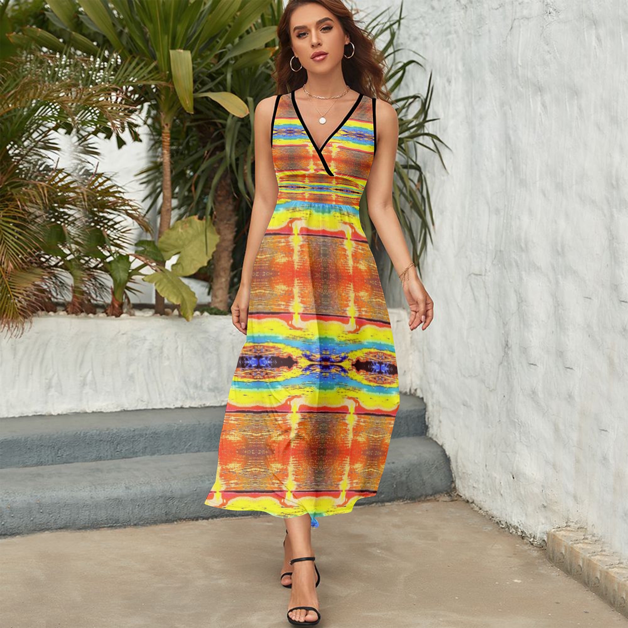 1278. V-neck Sleeveless Dress Sunset Spring